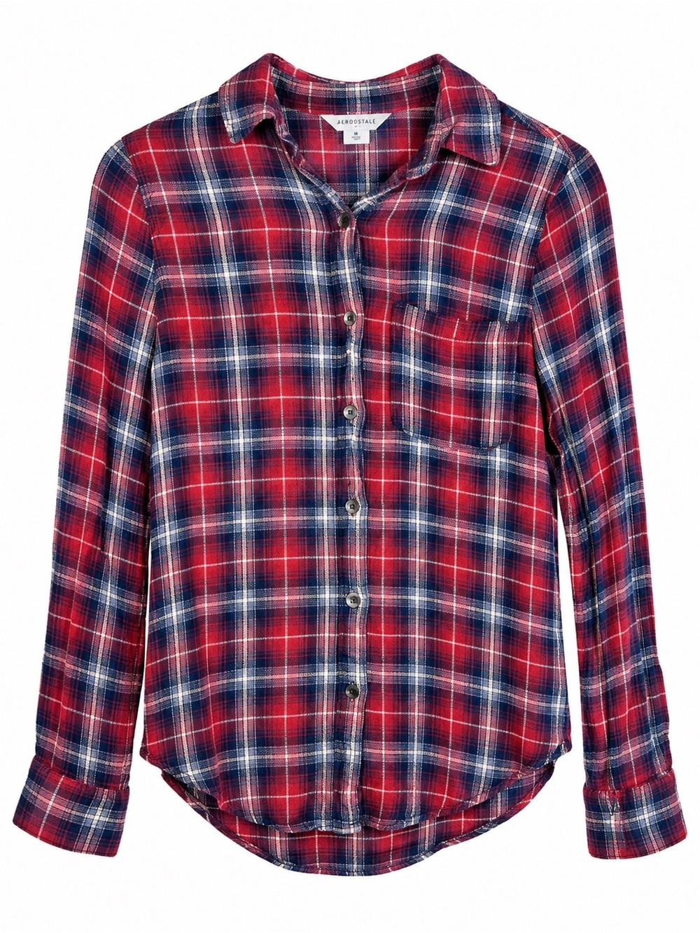 Aeropostale Womens Plaid Button Front Shirt Red Navy Long Sleeve Medium